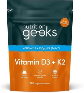 Nutrition Geeks Vitamina D3 4000 iu Plus K2 MK7 100μg | 365 Comprimidos Alta Resistencia - Imagen 1 de 6