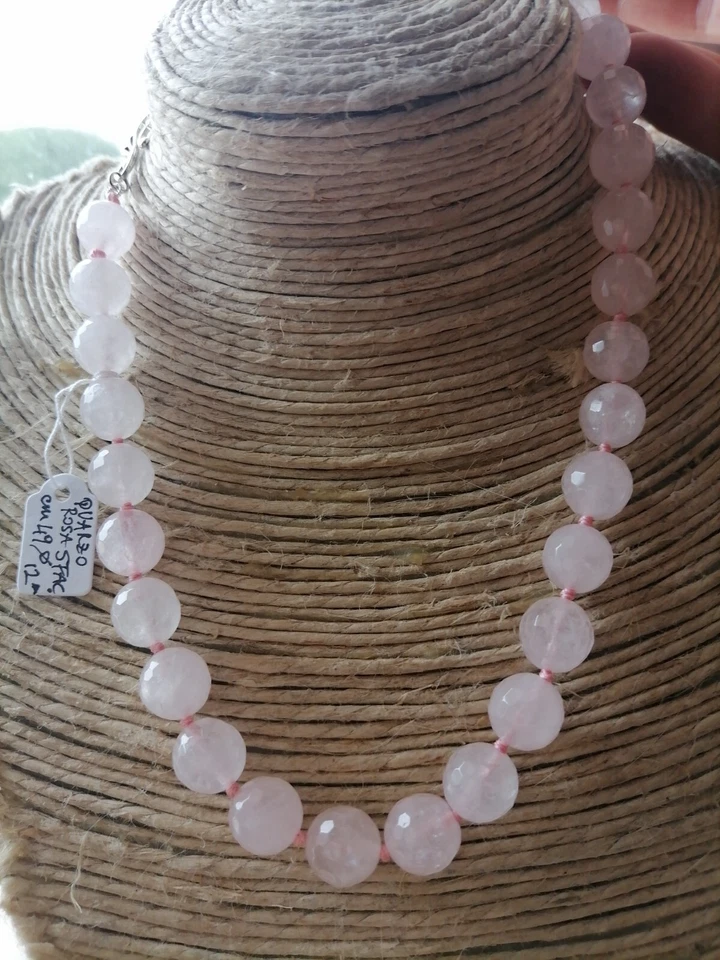 Collana QUARZO ROSA Nat Sfacc cm 49 mm 12 nuova argento tibetano - Immagine 1 di 4