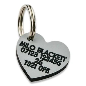 Pet Dog Cat ID Collar Tags - Deeply engraved FREE, 22mm plastic heart. 7 COLOURS - Picture 1 of 14