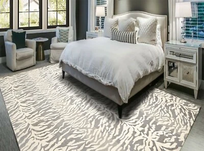 多种尺寸 手工制作 100% 羊毛 动物印花 老虎 现代小地毯 象牙色 灰色 — 第 1/4 张图片