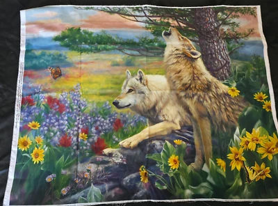 Wolves in The Wild Flowers Springtime Fabric Panel David Textiles Four Seasons - Image 1 of 4