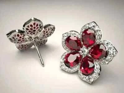 2.30Ct Pear Cut Lab Created Red Ruby Flower Stud Earrings 14K White Gold Plated - Image 1 of 4