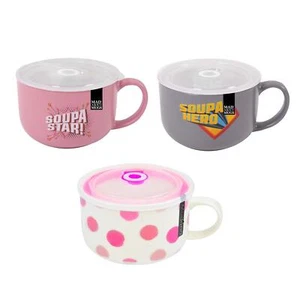 Soup Mug Bowl Dish Silicone Lid Vent Microwaveable Bone China Blue Pink 750ml - Picture 1 of 18