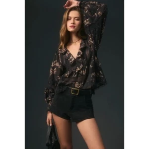 ANTHROPOLOGIE Ruffled V-Neck Popover Top Blouse Lace Trims Ruffle Coquette Small - Picture 1 of 14