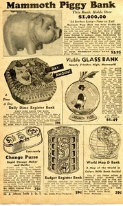 1950 Kleingedruckte Werbung Mammut Sparschwein, Groschen Zirkus Clown & Hühnerfutterbank - Bild 1 von 2