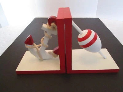 Sujetalibros junto al mar náutico madera arte popular decoración rojo y blanco Foto 1 de 4