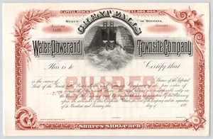 Certificato azionario bianco vintage Water Power and Townsite Company Great Falls MT - Foto 1 di 6