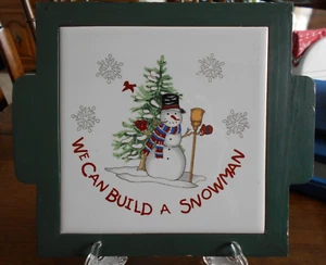 We Can Build a Snowman Trivet Hot Plate 9" W Stoneware Wood White Red Green ! - Picture 1 of 13