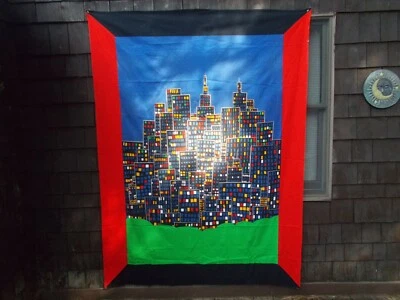 Colgante de pared de tela, paisaje urbano, colores vibrantes, 1983, 59 X 79" Foto 1 de 4