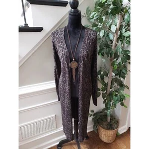 Terra & Sky Duster Cardigan Womens Size 2X Brown Knit Leopard Print Open Front - Picture 1 of 11