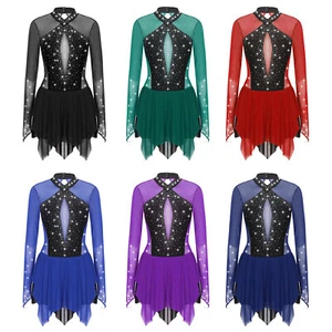 Womens Dancewear Rhinestones Dance Dress Ballet Leotard Lyrical Skirted Shiny - Picture 1 of 81