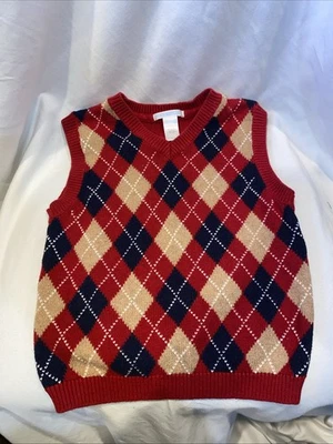 Janie and Jack Sweater Vest Size 6 Red Navy Argyle -Cotton Tennis Prep Christmas - Image 1 of 3