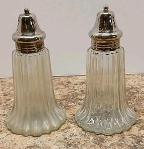 Vintage Large 6" Fluted Glass & Silver Plate Top Salt & Pepper Shaker - Picture 1 of 8