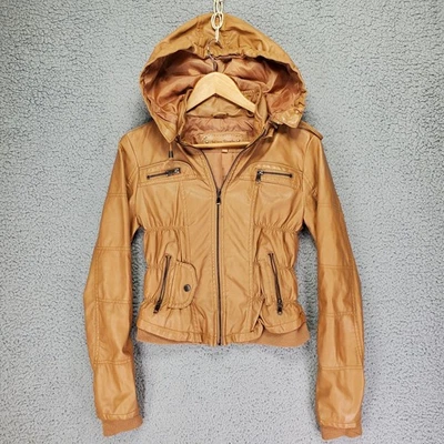 Chaqueta de cuero sintético Miss Posh para mujer M color camel tostado cremallera capucha moto ajustada corta usada en excelente estado Foto 1 de 4