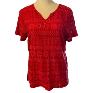 Alfred Dunner Sz Small Red Lace Womens Top Bead Accent At Neck Short Sleeve - Picture 1 of 12