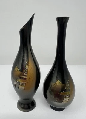 Vintage Japanese Etched Metal Mini Bud Vase Set Of 2 - Image 1 of 4