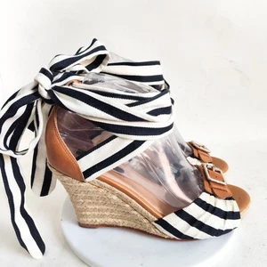 Ann Taylor Size 7 Sandals Espadrille Ankle Wrap Striped Black Wedge Leather Sole - Picture 1 of 15