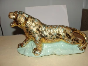 VINTAGE 50er - 60er Jahre KERAMIK TIGER ÜBERTOPF ( AQUA & 24kt. BLATTGOLDFARBE) - Bild 1 von 11