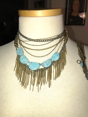 BANANA REPUBLIC FRINGE NECKLACE & BRACELET W/FAUX TURQUOISE & MATCHING BRACELET - Image 1 of 3