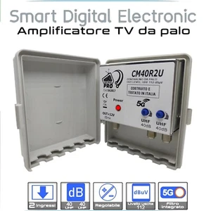 Amplificatore antenna TV da palo 2 ingressi UHF-UHF 40 dB regolabile filtro 5G - Foto 1 di 1