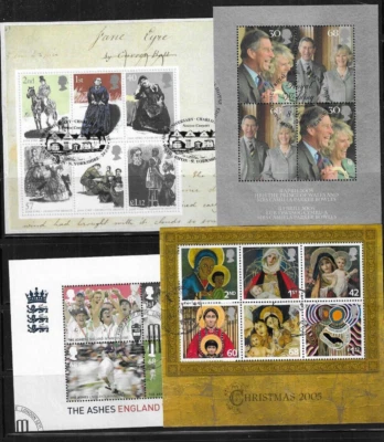 GB QEII 2005 4 x Minisheets Bronte Royal Wedding Ashes Christmas Used Stamps - Image 1 of 4