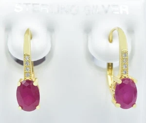 GENUINE 2.28 Cts RUBY & W/SAPPHIRE DANGLING EARRINGS .925 Silver (yellow) - NWT - Picture 1 of 3