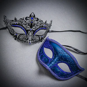 Classic Masquerade Ball Prom Costume Black Blue Couple Party Eye Mask Venetian - Picture 1 of 3