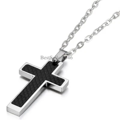 Black Carbon Fiber Silver Stainless Steel Cross Men's Pendant Necklace 21" Chain - Image 1 of 4