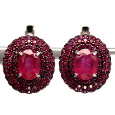 Edelstein Beheizte Rote Rubin Zwei Farbige Ohrringe 925 Sterlingsilber - Bild 1 von 4