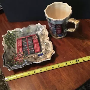 Set of 2 Pc Tabletops Unlimited Rue de Paris Shutter 8 3/4" Square Plate And Mug - Picture 1 of 5