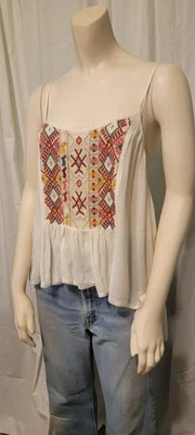 Urban Outfitters Ecote Tribal Print Embroidered Crinkle Gauze Strappy Back Top L - Image 1 of 4