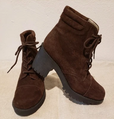 Botas Lug Cuero Gamuza Genuino Marrón Newport News Mujer Talla 6.5 Tacón 3" Cordones Foto 1 de 4