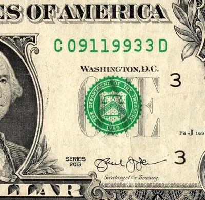 3 последовательные пары причудливый серийный номер один доллар банкнота C09119933D - Изображение 1 из 4