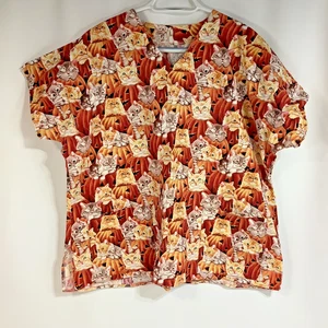 Blusa Médica Hecha a Mano Casera Halloween Talla Mediana Naranja Calabaza Gatito Gato - Imagen 1 de 3