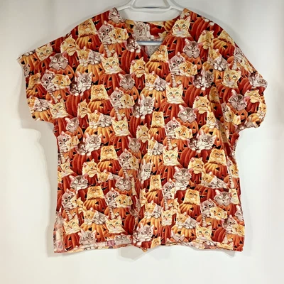 Handmade Homemade Scrub Top Halloween Size Medium Orange Pumpkin Kitten Cat - Image 1 of 3
