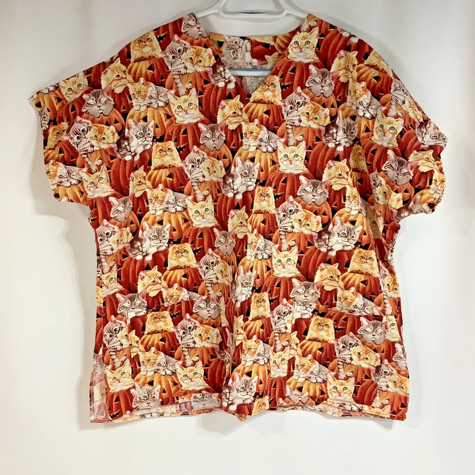 Handmade Homemade Scrub Top Halloween Size Medium Orange Pumpkin Kitten Cat - Image 1 of 3