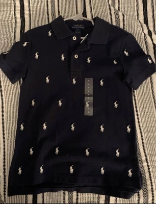 Camisa polo masculina azul marinho Ralph Lauren tamanho 6 com jogadores polo por toda parte nova com etiquetas - Imagem 1 de 4
