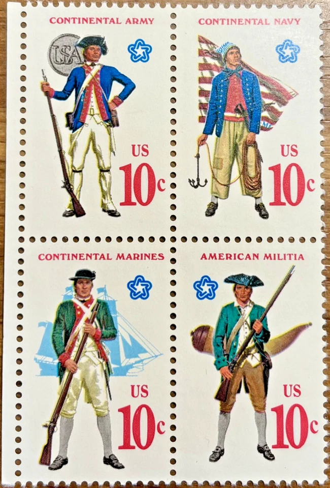 Scott #1565-1568 US Revolutionary Military Uniforms 10c Stamp Block of 4 MNH - Image 1 of 1