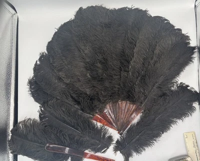Antiguo abanico de mano de plumas de avestruz negro de principios de 1900 - luto victoriano 16"x24" Foto 1 de 4