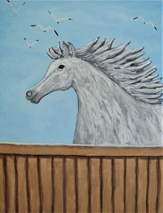 Painting Horse Original Signed Art Equestrian White Stallion Horses Mustang - Picture 1 of 4