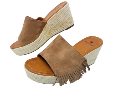 Ruff Hewn Women's Tan Slip On Fringe Wedge Sandals Size 7.5 Western Boho - Image 1 of 4