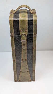 "Portador de botellas de vino vintage, imitación cuero y madera en relieve 15"" con asa" Foto 1 de 4