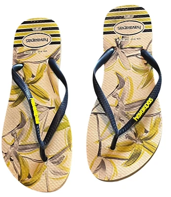 Chanclas Havaianas Delgadas Floral Palma Negro Amarillo Ducha Piscina Verano EE. UU. 9/10 Foto 1 de 4