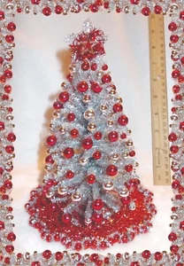 ARTISAN DOLLHOUSE MINIATURE 8"LIGHTED CHRISTMAS TREE 1:12 SILVER-RED+ORNAMENTS - Picture 1 of 8