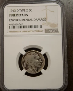 1913 D Type 2 Buffalo Nickel Fine Environmental Damage NGC Lot 2033 - Picture 1 of 2