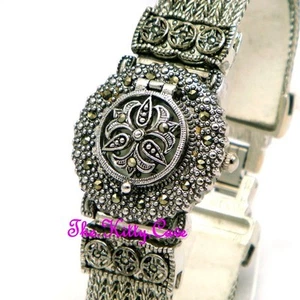 Reloj de pulsera vintage Deco plateado nuevo arabesco regencia marcasita damas - Imagen 1 de 11