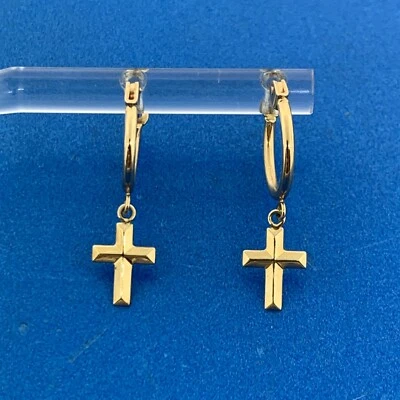 Designer 10K Yellow Gold Cross Dangle Huggy Hoop Earrings - Image 1 of 4