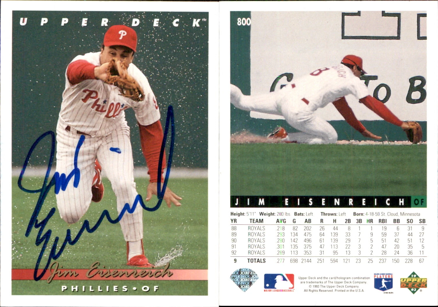 Jim Eisenreich Signed 1993 Upper Deck #800 Card Philadelphia Phillies Auto AU