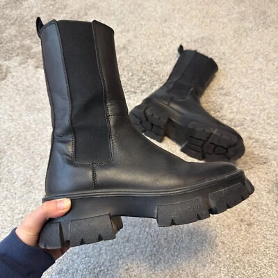 Aqua Trixy Chelsea Boots 6 Black Leather Mid Calf Chunky Platform Lug Sole - Image 1 of 4