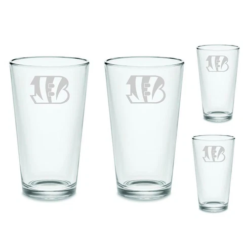 SET Cincinnati Bengals Pint Beer Glasses Etched Tumblers Drinkware Cover